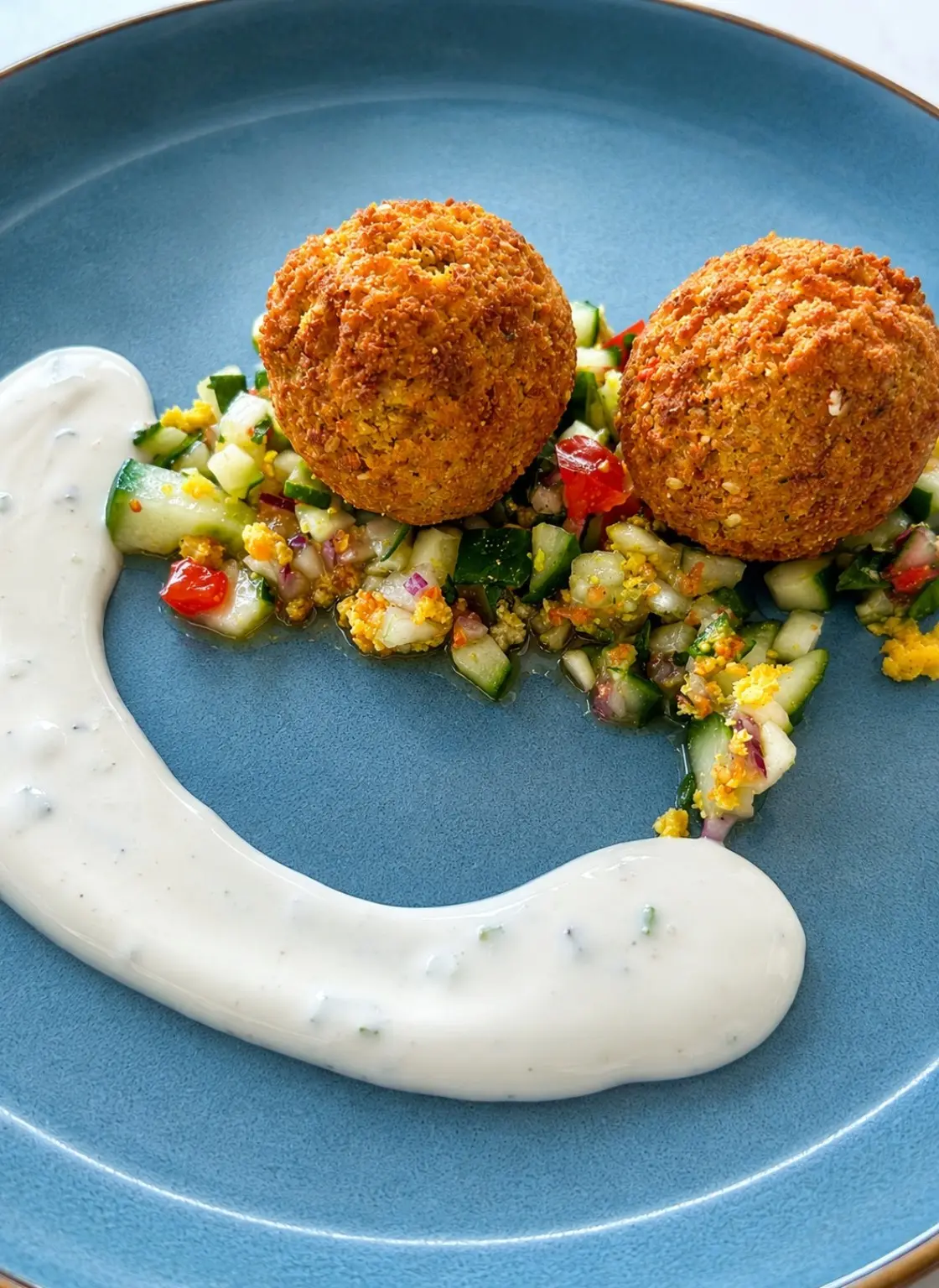 Fein angerichteter Teller mit Falafel und Kräutern
